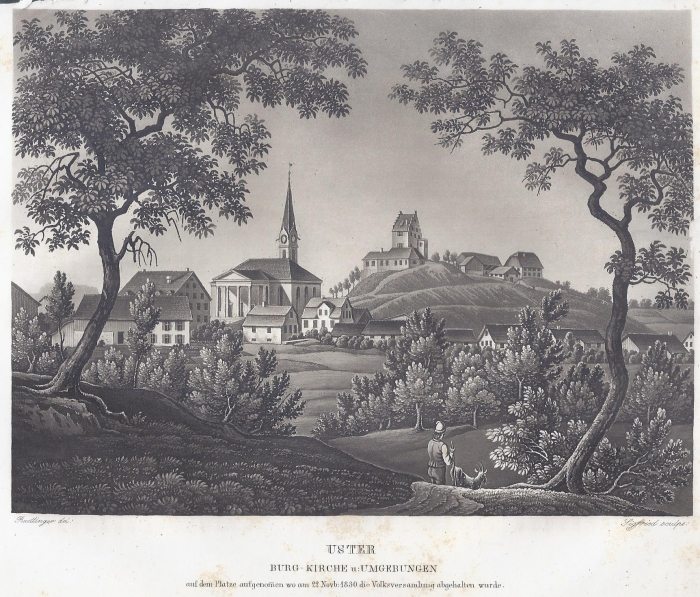 <p>408.1 * , Uster Burg-Kirche u:Umgebungen auf dem Platze aufgenomen wo am 22. Nov. 1830 die Volksversamlung abgehalten wurde</p>