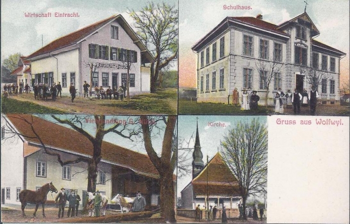 <p>Wirtschaft Eintracht , Schulhaus , Viehhandlung G. Nützi, Kirche , Karte ungelaufen, Top Zustand , 2x</p>