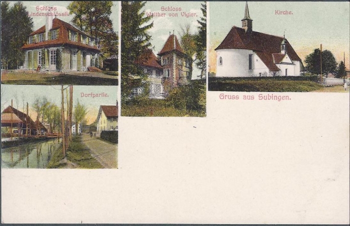 <p>Schloss Lindenschlössli , Schloss Walter von Vigier , Kirche, Dorfpartie ,</p>
<p>ungelaufen, Karte Top Zustand</p>