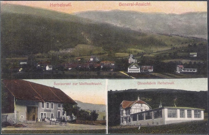 <p>General Ansicht , Restaurant Wolfsschlucht , Uhrenfabrik Herbertswil, ungelaufen , Karte Top Zustand ungelaufen</p>