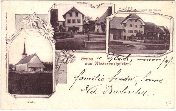 <p>gelaufen 1.1.1901 , Kirche , Dorfstrasse , Gasthof Sonne ,Karte Top Zustand</p>