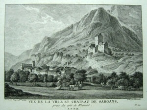 <p>331   Vue de la ville et chateau de Sargans, prise du coté de Rheinthal</p>