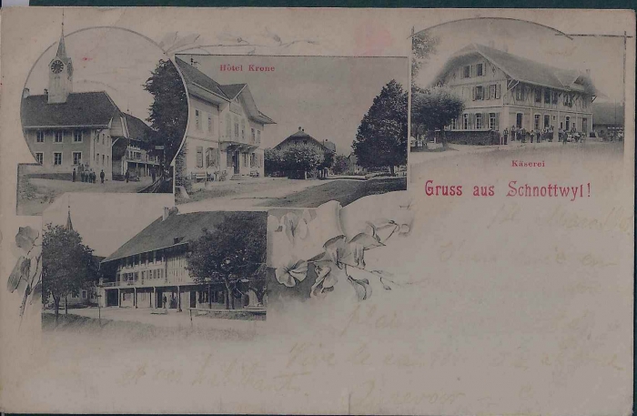 <p>Gruss aus Schnottwil : Kirche , Hotel Krone , Käserei , Mitte unten leichter Einriss , 15.3.1901</p>
